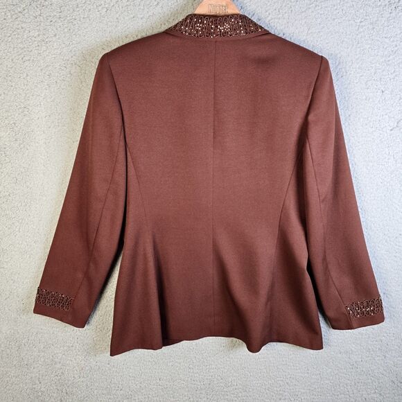 John Meyer Blazer 10 Brown Curved Hem Textured Trim Statement Collar Lined - Picture 4 of 16